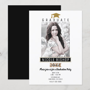 White Black Gold Modern Graduation Photo Party Invitation