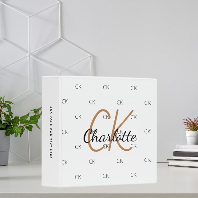 White black gold monogram elegant office school binder (Creator Uploaded)