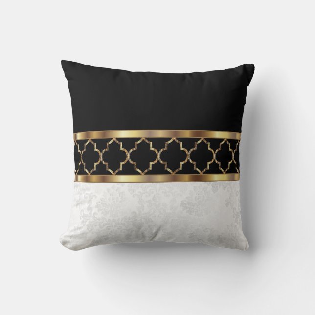 White, Black & Gold Quatrefoil & Damask Pattern2 Throw Pillow (Front)