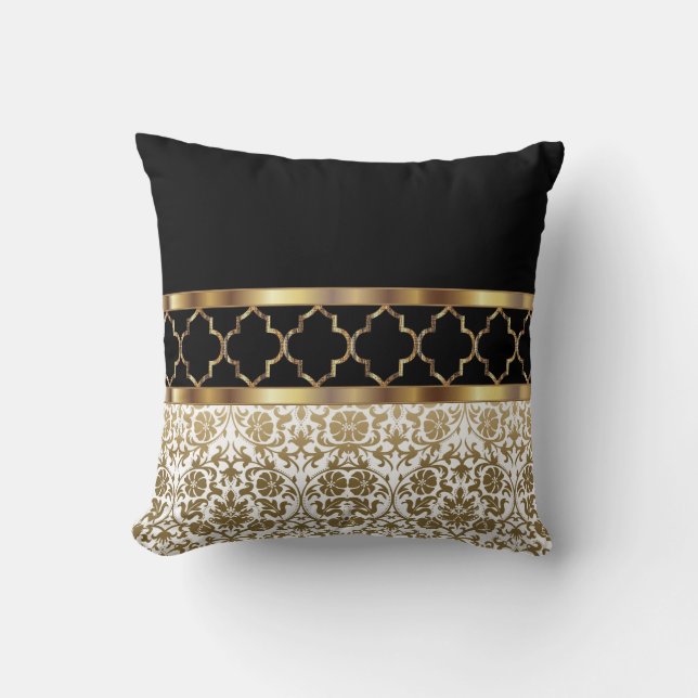 White, Black & Gold Quatrefoil & Damask Pattern Throw Pillow (Front)