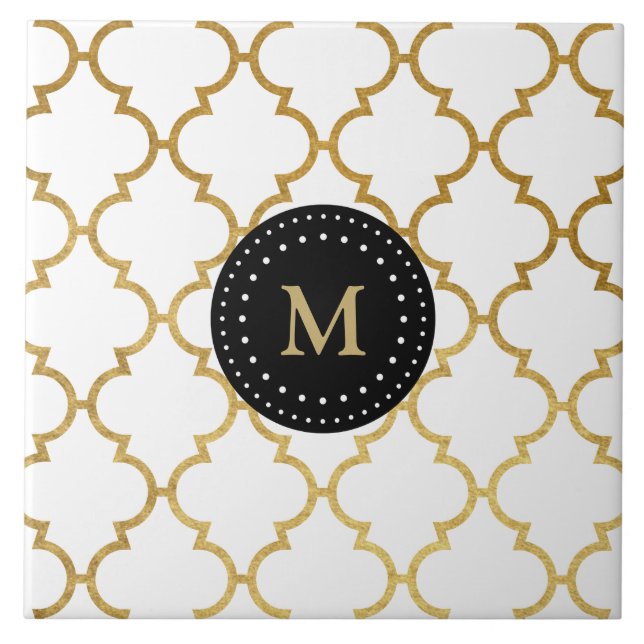 White Black Gold Quatrefoil Pattern Monogrammed Tile (Front)