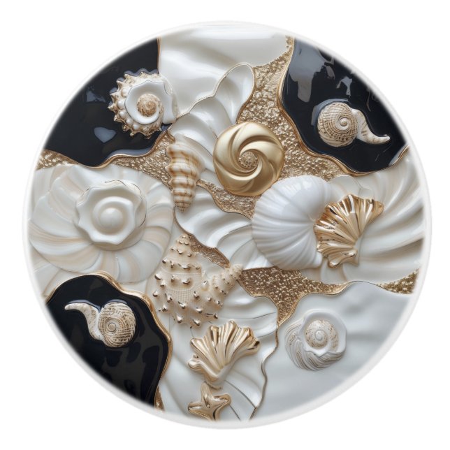 White Black Gold Seashells 3D Effect Ceramic Knob (Front)