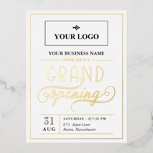 White Black & Gold Wide Logo Grand Opening Foil Invitation Postcard (Front)