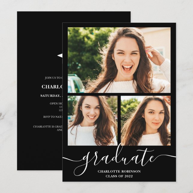 White black graduate script 3 photos graduation invitation (Front/Back)
