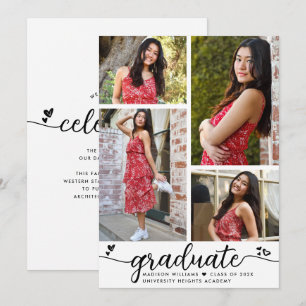 White Black Graduation 4 Photo Calligraphy Hearts Announcement
