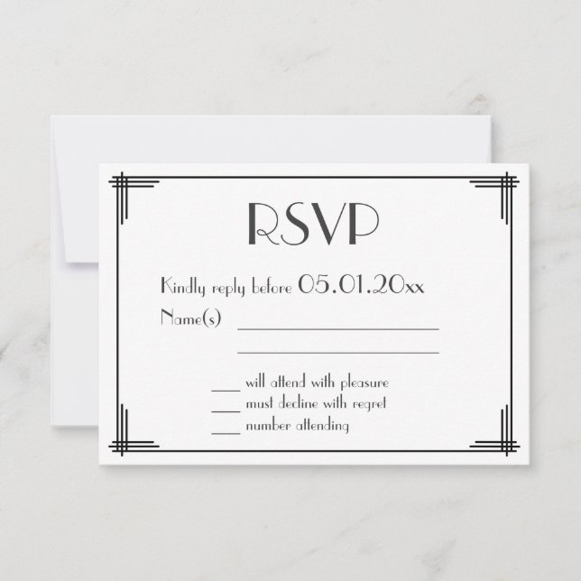 White Black Great Gatsby Art Deco Wedding RSVP (Front)