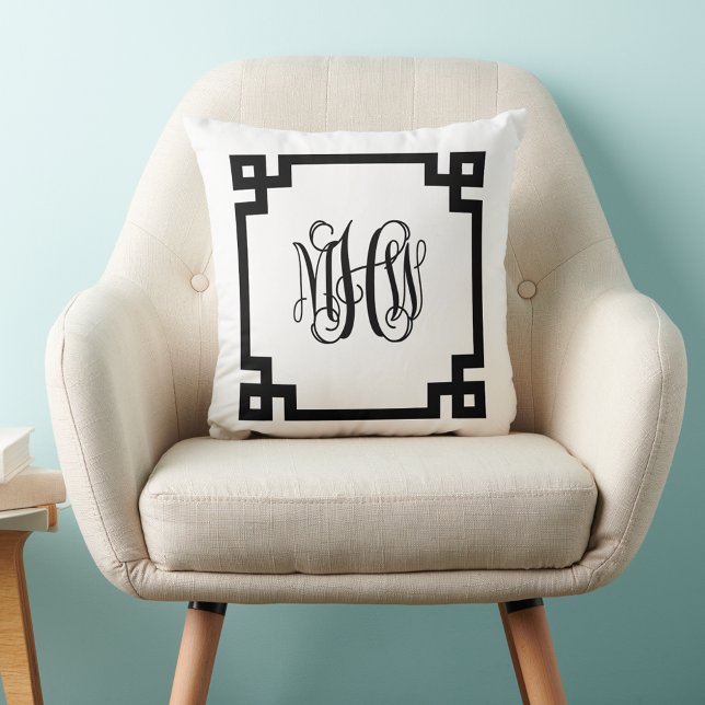 White Black Greek Key Vine Script Monogram DIY BG Throw Pillow (Creator Uploaded)