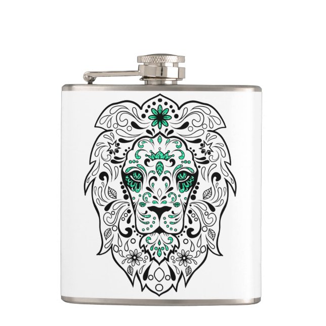 White Black & Green Glitter Lion Sugar Skull Hip Flask (Front)