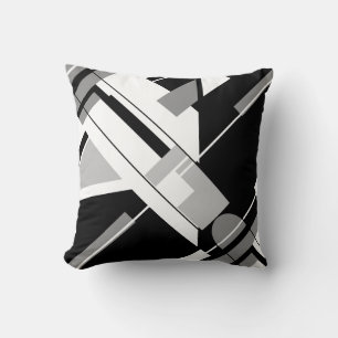White Black Grey Diagonal MCM-inspired Abstract Throw Pillow