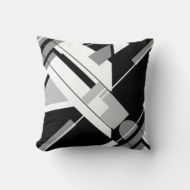 White Black Grey Diagonal MCM-inspired Abstract Throw Pillow (Front)