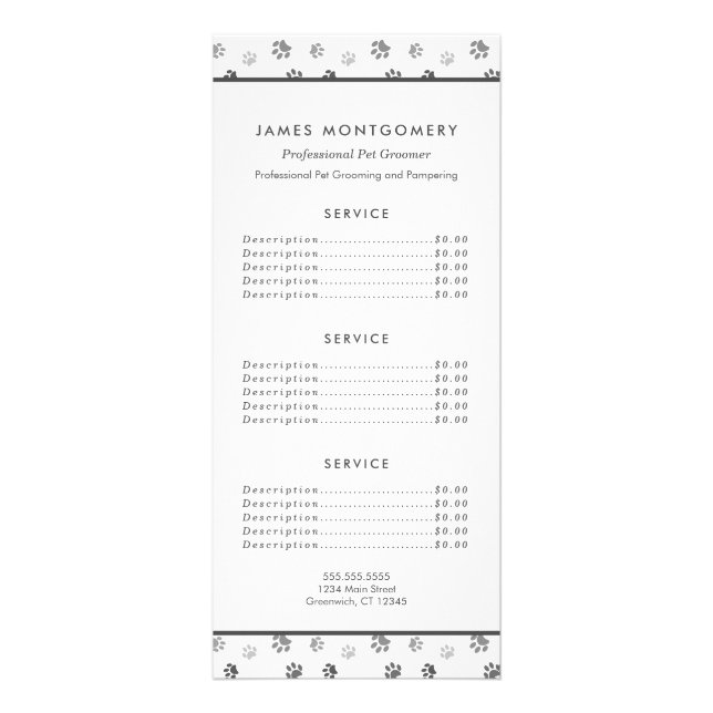 White Black Grey Paw Prints Pet Care Services Rack Card (Front)