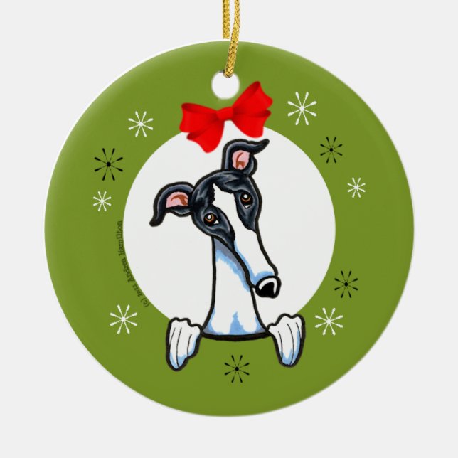 White Black Greyhound Christmas Classic Ceramic Ornament (Front)