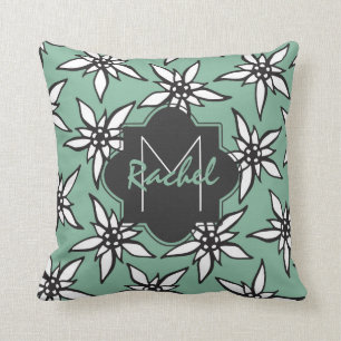 White & Black Hand Drawn Flowers on Teal Monogram Throw Pillow