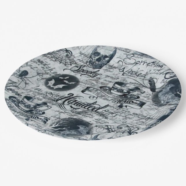 White & Black Haunted Halloween Paper Plates (Angled)