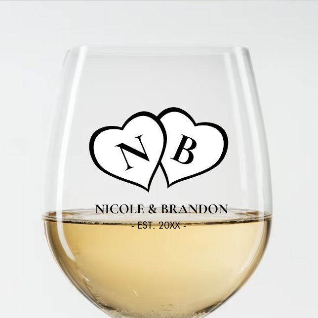 White & Black Heart Monogram Wedding Stemless Wine Glass (White & Black Heart Monogram Wedding Stemless Wine Glass)