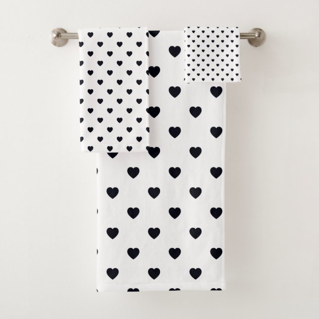 WHITE BLACK HEART PATTERN BATHROOM TOWEL (Insitu)