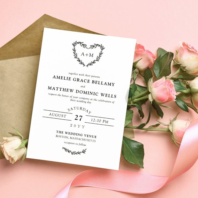 White & Black Heart Wreath 2 in 1 Wedding Invitati Invitation (Creator Uploaded)