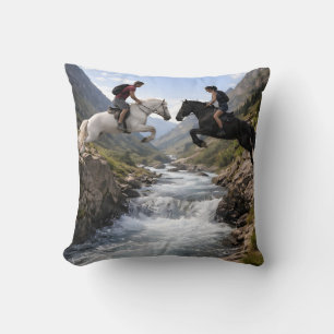 White & Black Horses Adventure Throw Pillow