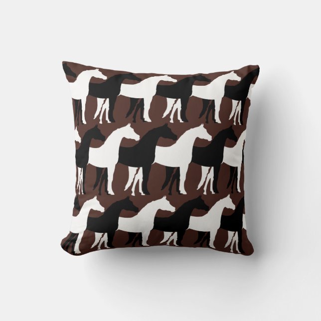 White, Black Horses/Brown Background Throw Pillow (Front)