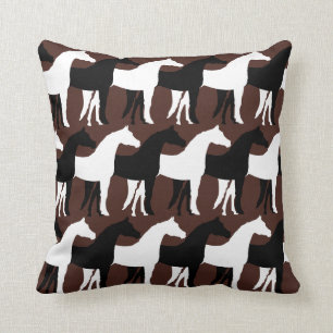 White, Black Horses/Brown Background Throw Pillow