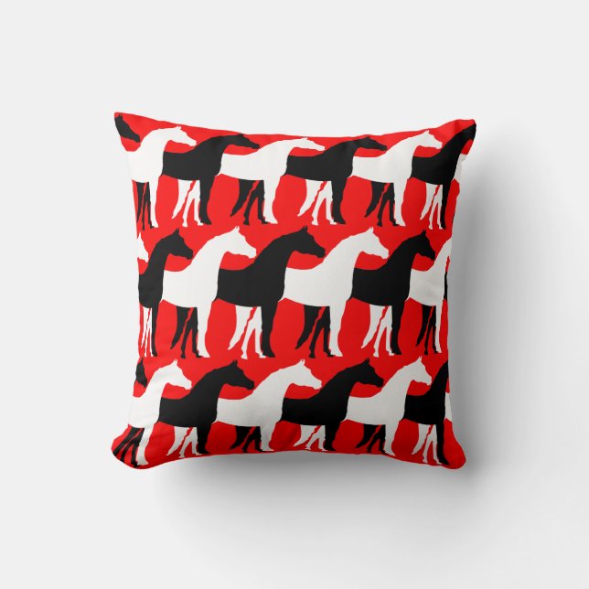White, Black Horses/Red Background Throw Pillow (Front)