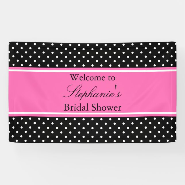 White Black, Hot Pink Polka Dot Bridal Shower Banner (Horizontal)