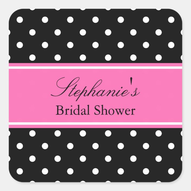 White Black, Hot Pink Polka Dot Bridal Shower Square Sticker (Front)
