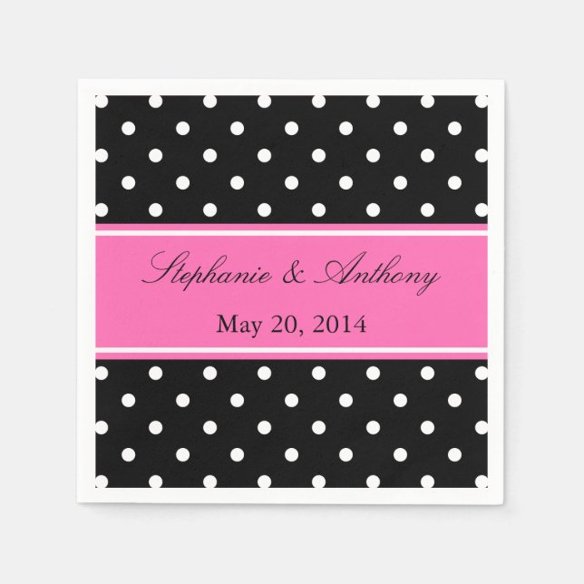 White Black, Hot Pink Polka Dot Wedding Napkin (Front)
