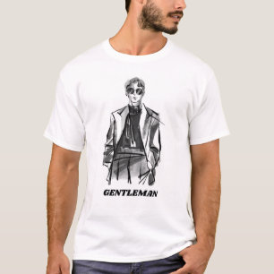White Black Illustrated Brush Gentleman T-Shirt