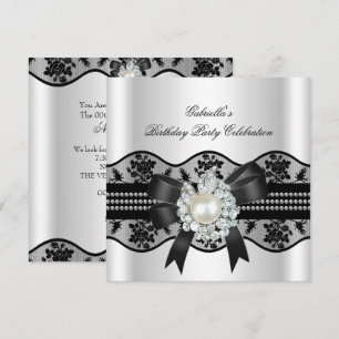 White Black Lace Pearl Elegant Birthday Party Invitation