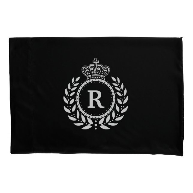 White Black Laurel Wreath Crown Monogram | Royal Pillowcase (Front)