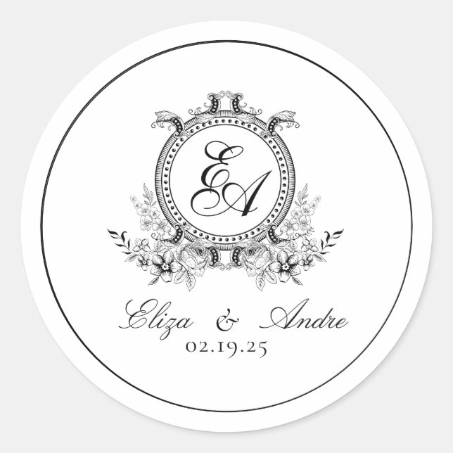 White Black Leafy Crest Monogram Classic Round Sticker (Front)