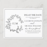 White Black Leafy Crest Monogram Delay The Date