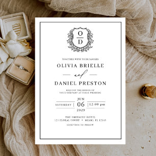 White Black Leafy Crest Monogram Elegant Wedding Invitation
