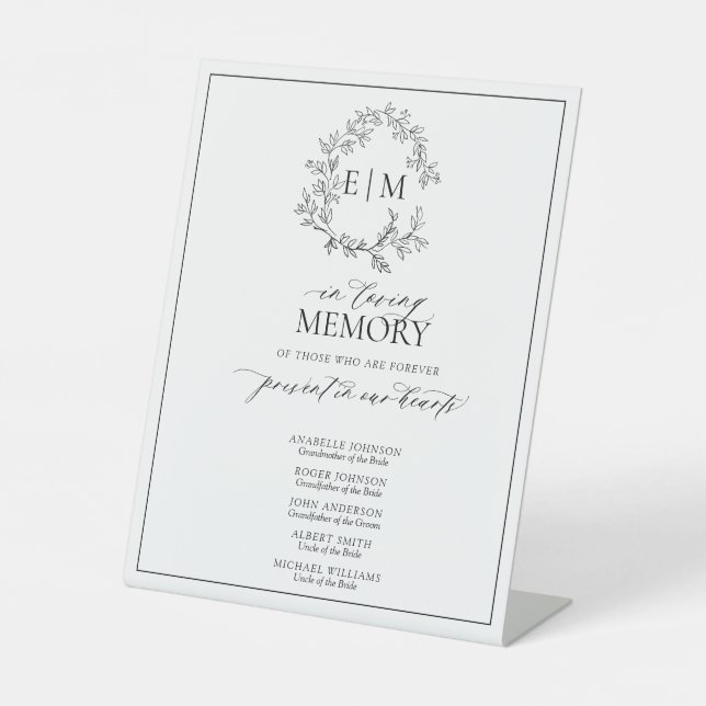 White Black Leafy Crest Monogram In Loving Memory Pedestal Sign (Front)