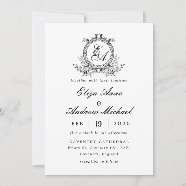 White Black Leafy Crest Monogram  Invitation (Front)