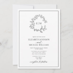 White Black Leafy Crest Monogram Wedding Details Invitation