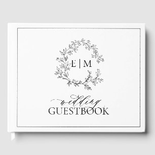 White Black Leafy Crest Monogram Wedding Guest Book