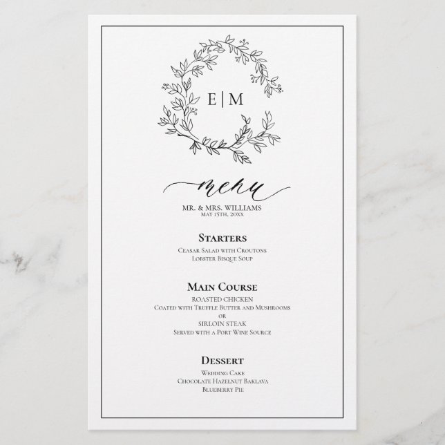 White Black Leafy Crest Monogram Wedding Menu (Front)