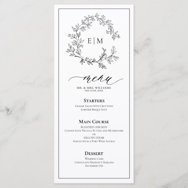 White Black Leafy Crest Monogram Wedding Menu (Front)