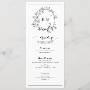 White Black Leafy Crest Monogram Wedding Menu