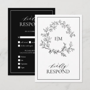 White Black Leafy Crest Monogram Wedding RSVP Card