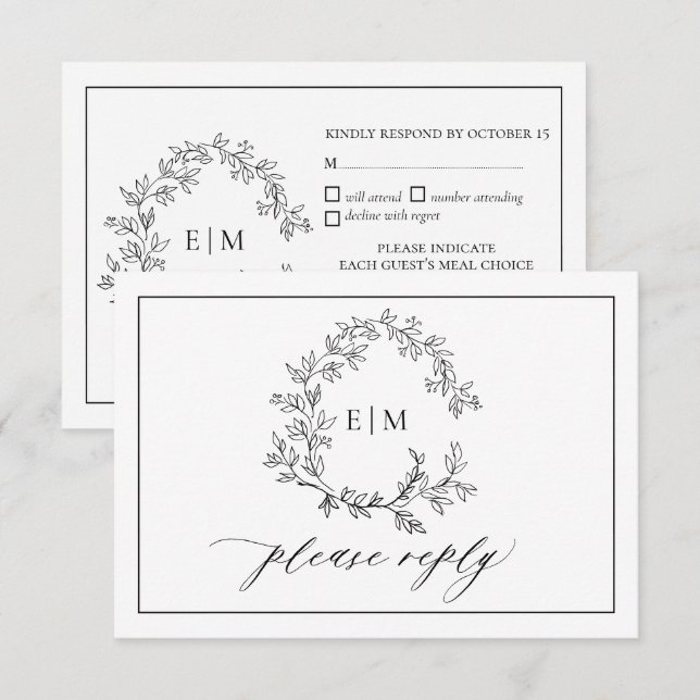 White Black Leafy Crest Monogram Wedding RSVP Card (Front/Back)