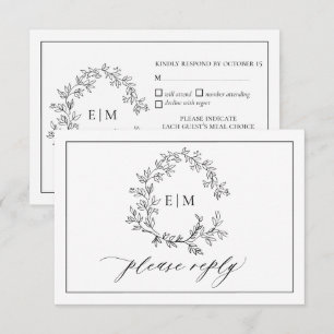 White Black Leafy Crest Monogram Wedding RSVP Card
