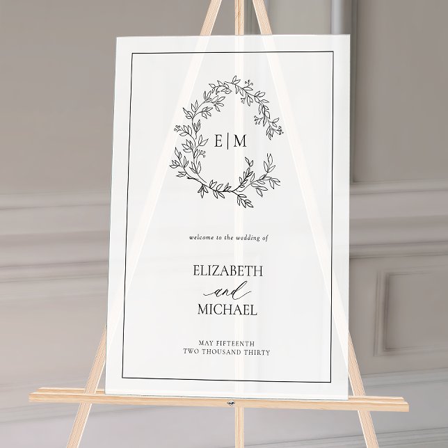 White Black Leafy Crest Monogram Welcome Wedding Acrylic Sign (Wedding Welcome Sign!)