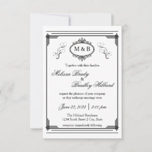 White/Black Lined Frame - 3x5 Wedding Invitation