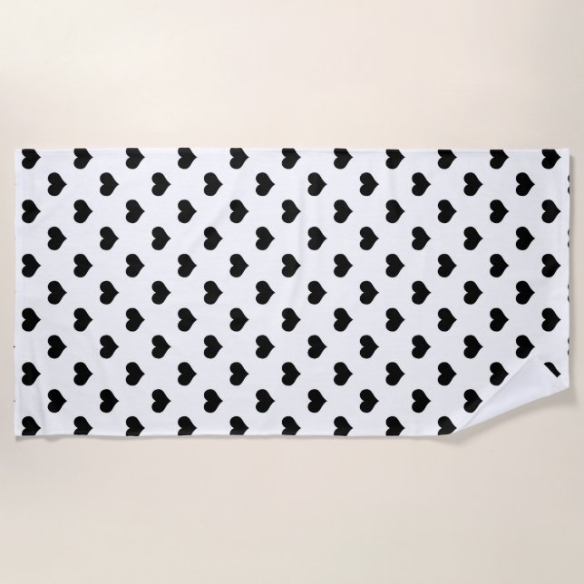 White  Black Love Heart Pattern Design  Beach Towel (Front)