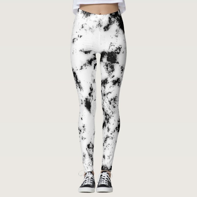 White Black Marble Paint Splash Abstract Leggings (Front)