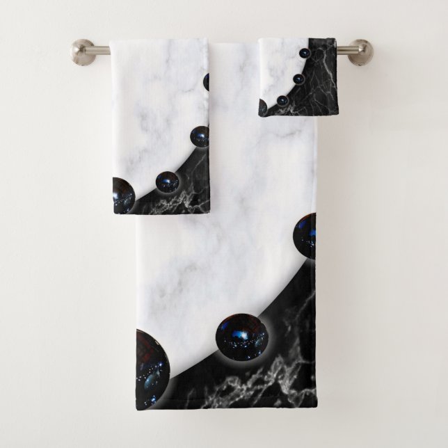 White & Black Marble Sphere Graphics Bath Towel Set (Insitu)