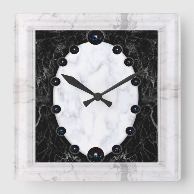 White & Black Marble Sphere Graphics Square Wall Clock (Front)